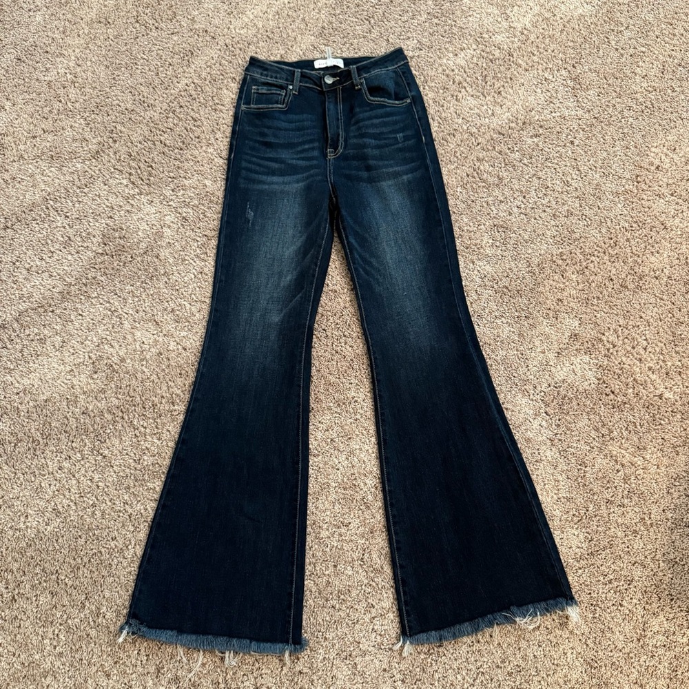 Blue Flare Wide Leg Jeans with Raw Hem